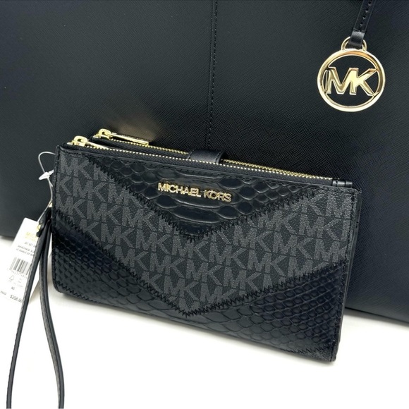 Michael Kors Medium Jet Set Travel Zip Tote Bag & Double Zip Wallet Black/Gold - Picture 10 of 13